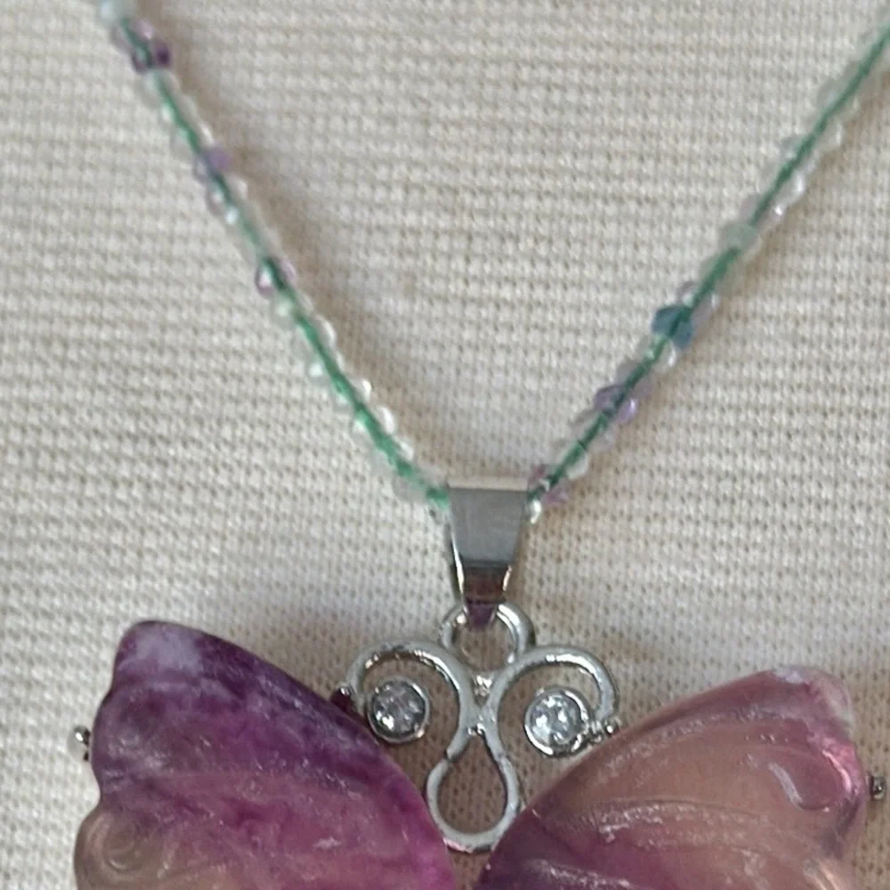 Handmade fluorite gemstone beaded necklace butterfly 18 inch elegant festival